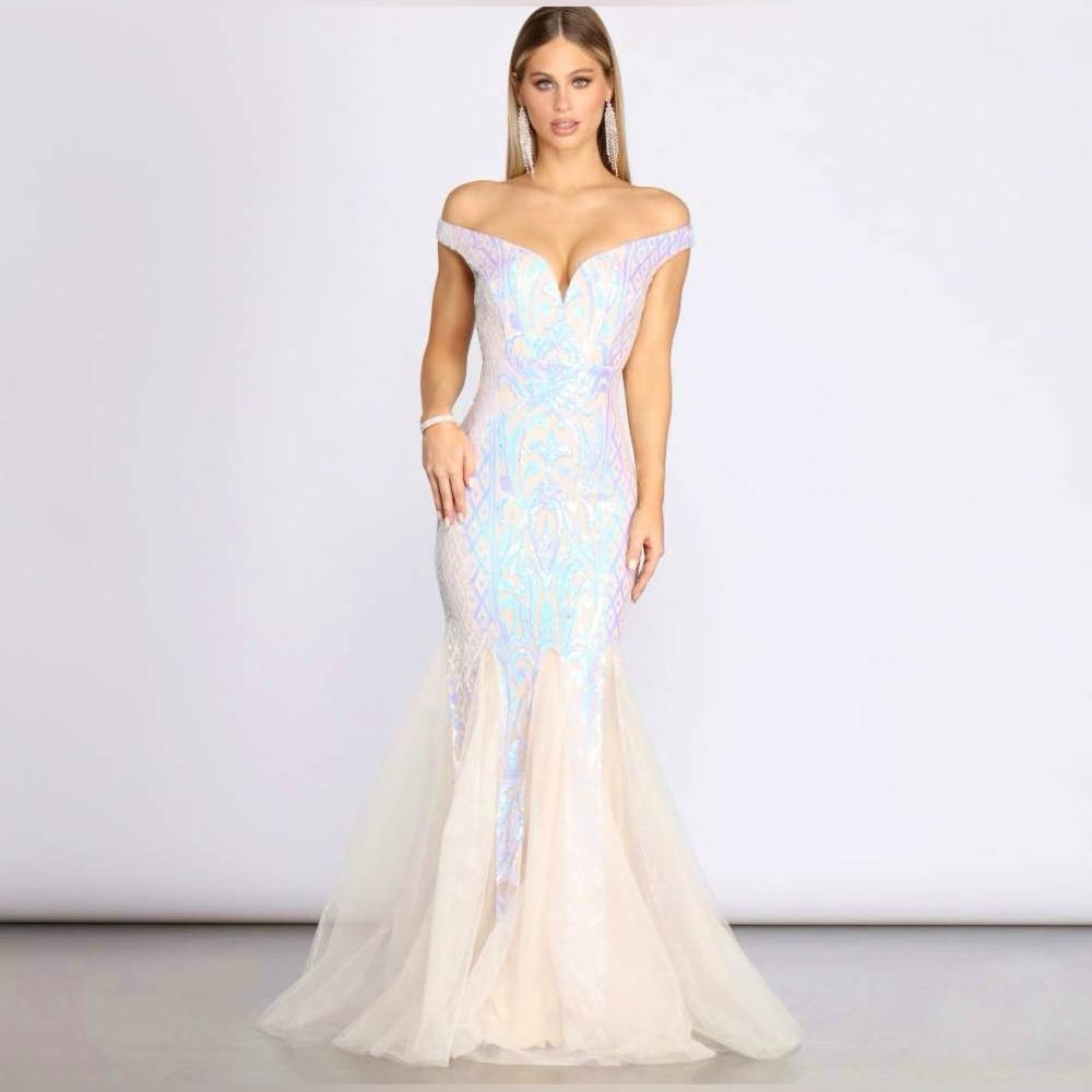 prom iridescent sequin & tulle off shoulder mermaid dress